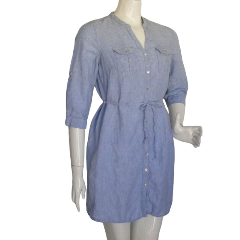 MALVIN Linen Dress, M, Blue, thin white stripe, Mini, Pockets, Sash belt - Picture 4 of 14